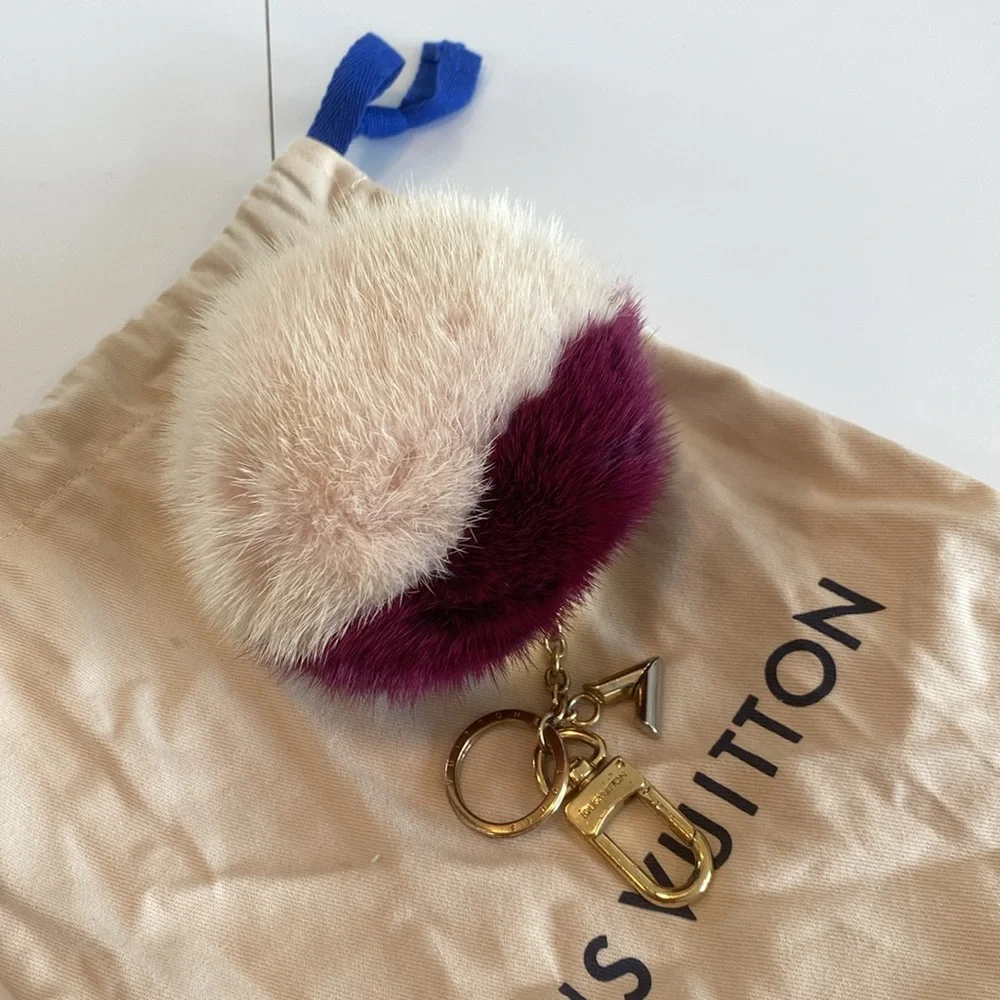Louis Vuitton Two-Tone Fur Pom Pom Key Holder in Cream and Deep Berry